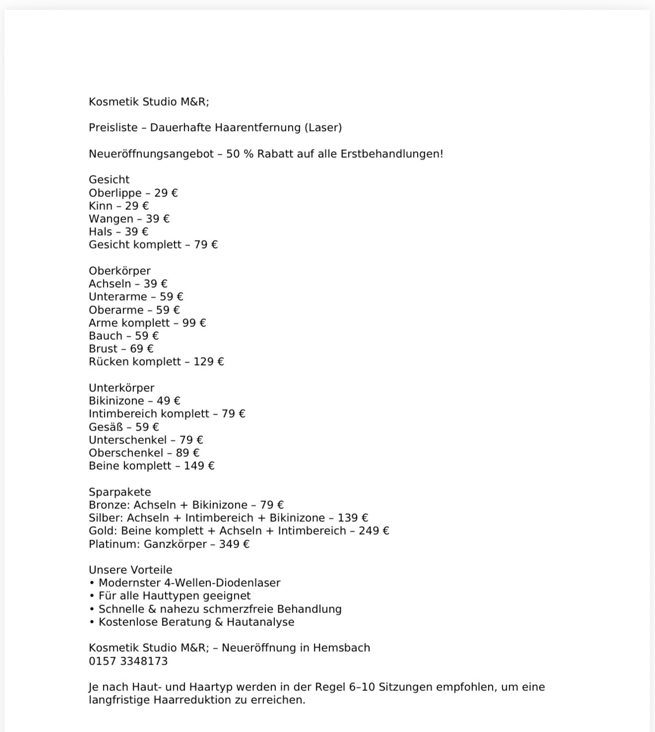 Preisliste Laser-Haarentfernung damen